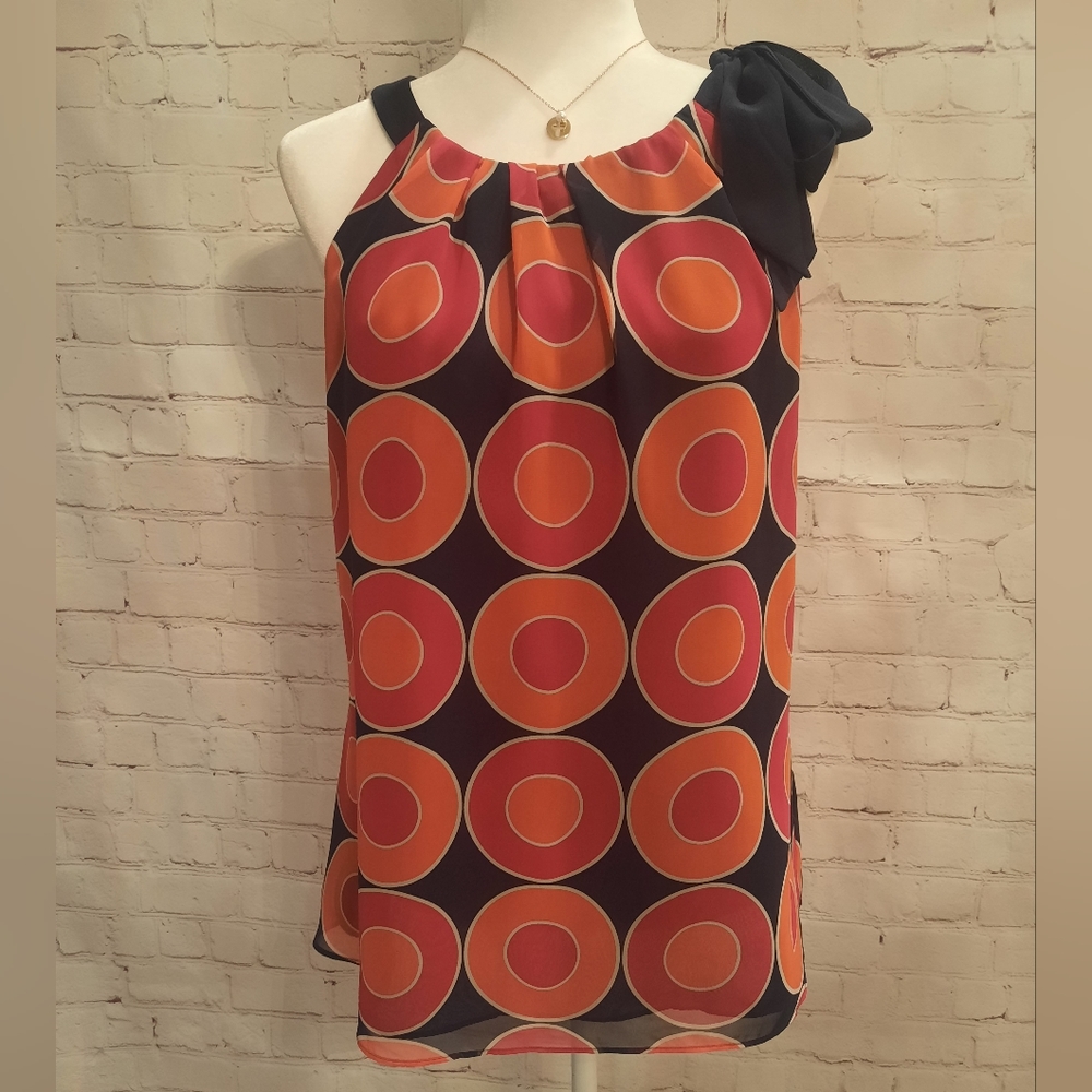 ANN TAYLOR Size: 14 Petites - Flowy Sleveless Blouse - Color:Navy, Pink& Rust.